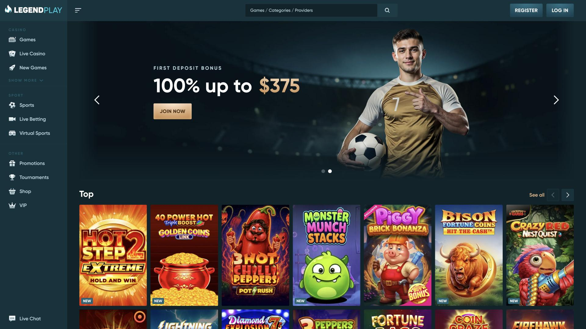 Screenshot of the Legendplay website
